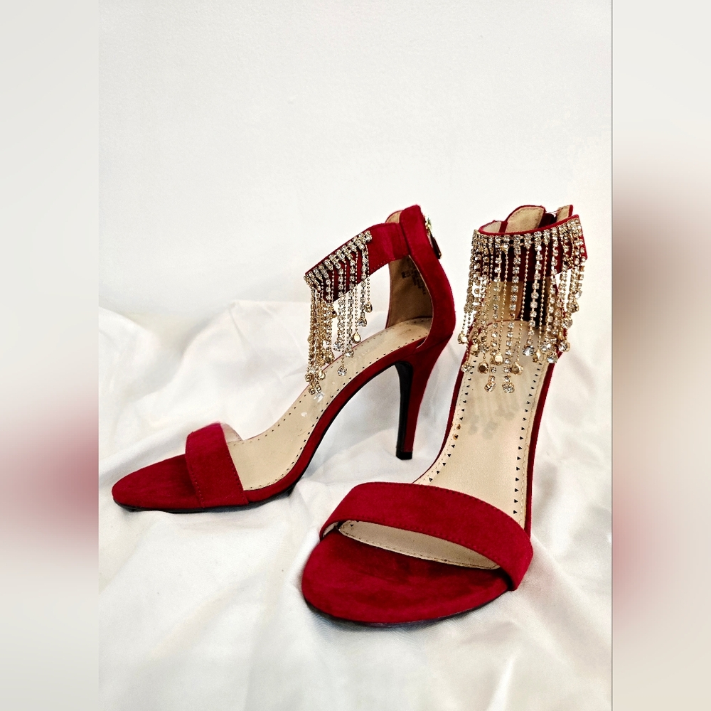 Red Rhinestone Fringe Heels Statement Evening Sandals Gold Crystal Glam Event